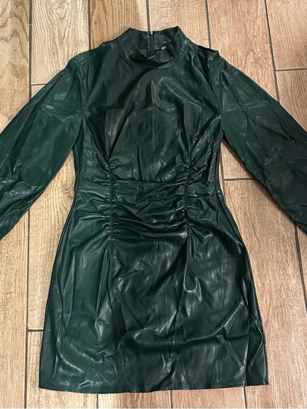 Zara Dark Green Faux Leather Ruched Waist Dress Jacket